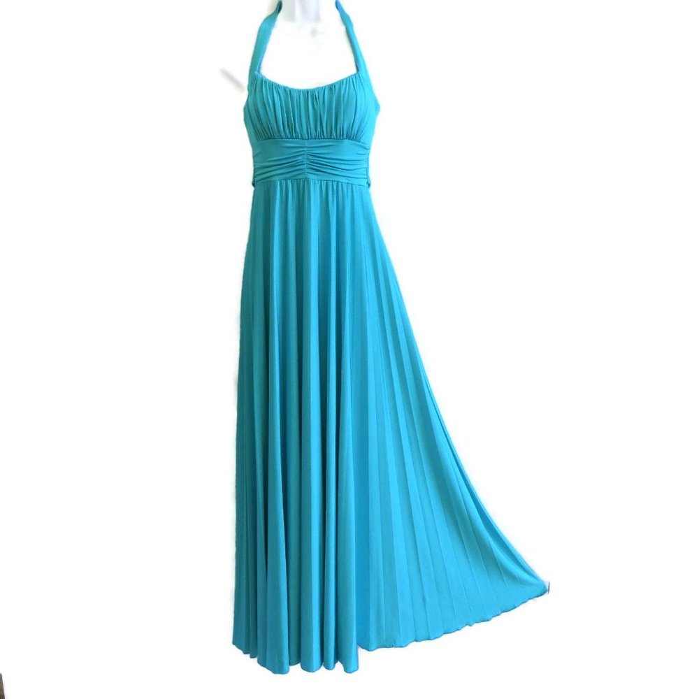 Speechless Gown Maxi Bra Goddess Accordion Pleated Blue Tie Cincher USA S